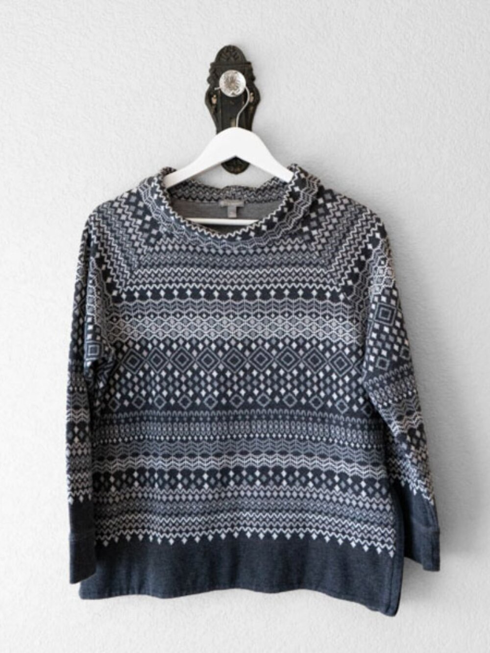 Talbots Gray Fair Isle Sweater Top MP Petite Nordic Zip Hem Knit Pullover